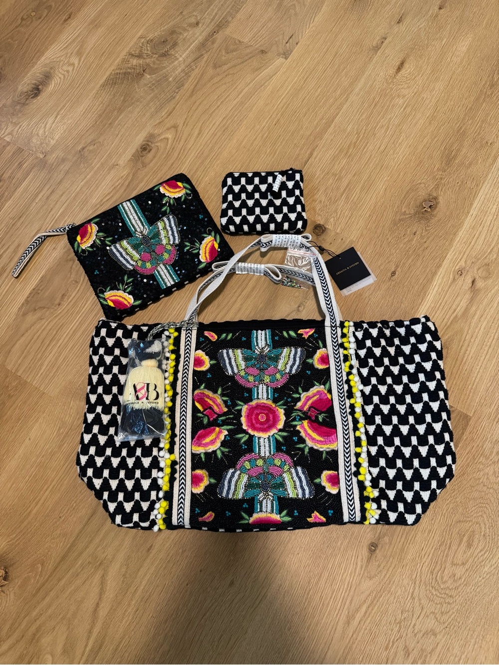America & Beyond Midnight Butterflies Black and White Embellished Tote Bag Set